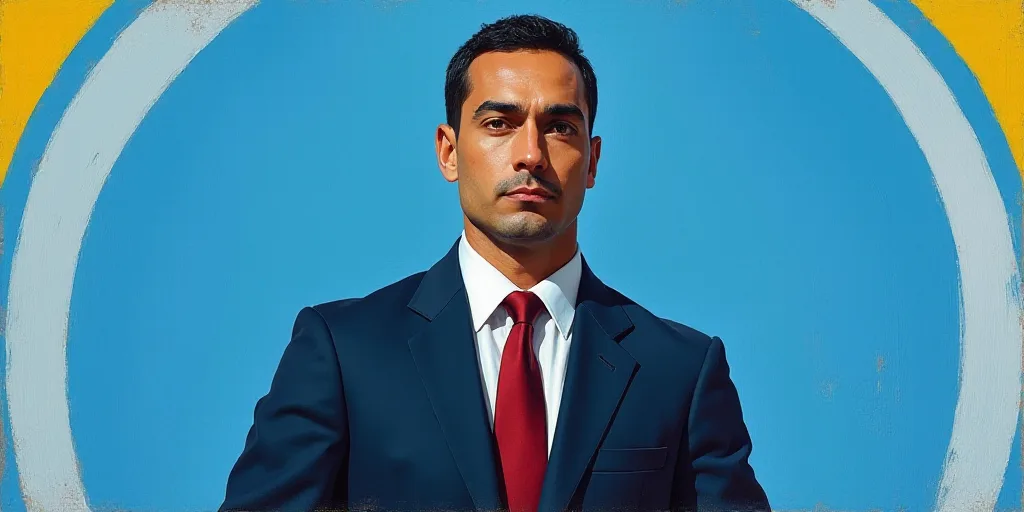 a man in a suit and tie standing in front of a blue background with a white and yellow border, Carlo