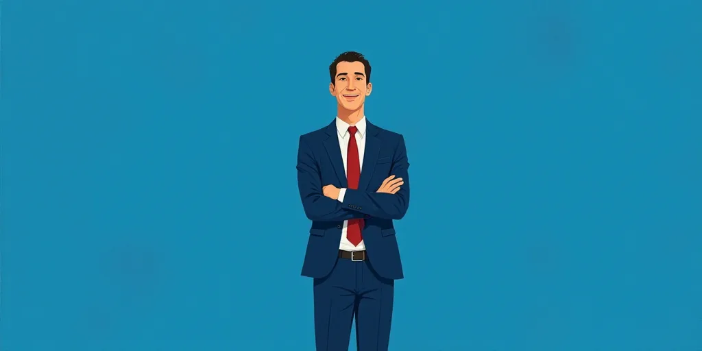a man in a suit and tie standing with his arms crossed in front of him, with a blue background, Carl