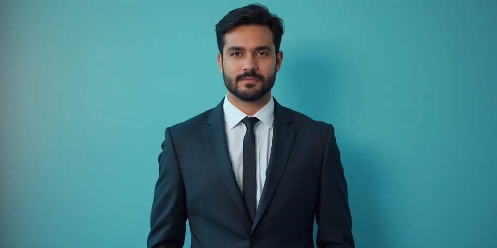 a man in a suit and tie standing in front of a blue background with a black and white photo, Alejand