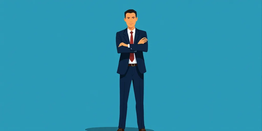 a man in a suit and tie standing with his arms crossed in front of him, with a blue background, Carl