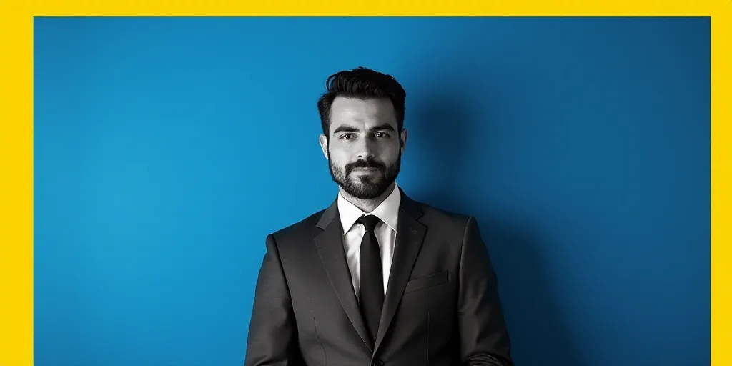 a man in a suit and tie standing in front of a blue background with a yellow border and a black and