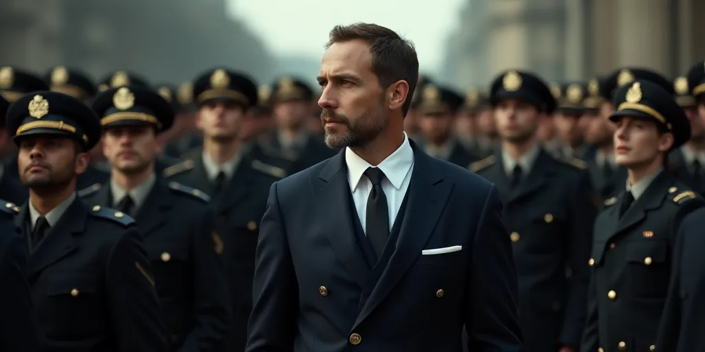a man in a suit and tie standing in front of a crowd of people wearing military hats and uniforms, C
