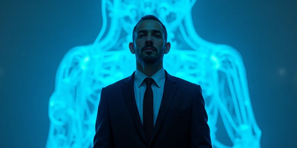 a man in a suit and tie standing in front of a blue background with a black and white photo, Edward