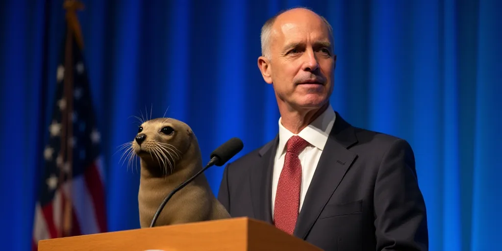 a man in a suit and tie standing behind a microphone with a seal on it's side and a blue background,