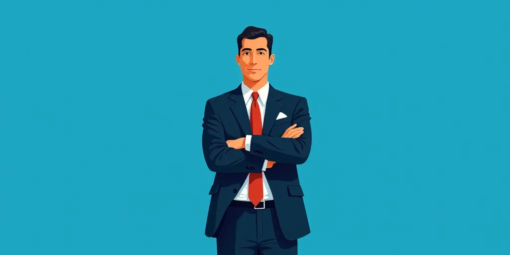 a man in a suit and tie standing with his arms crossed in front of him, with a blue background, Carl