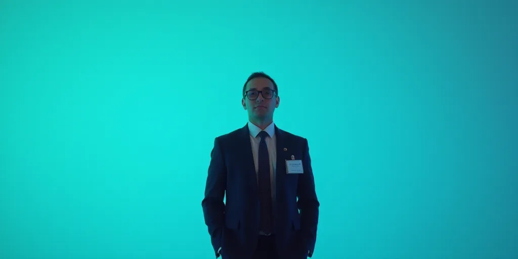 a man in a suit and tie standing in front of a blue background with a name tag for a business, Edwar