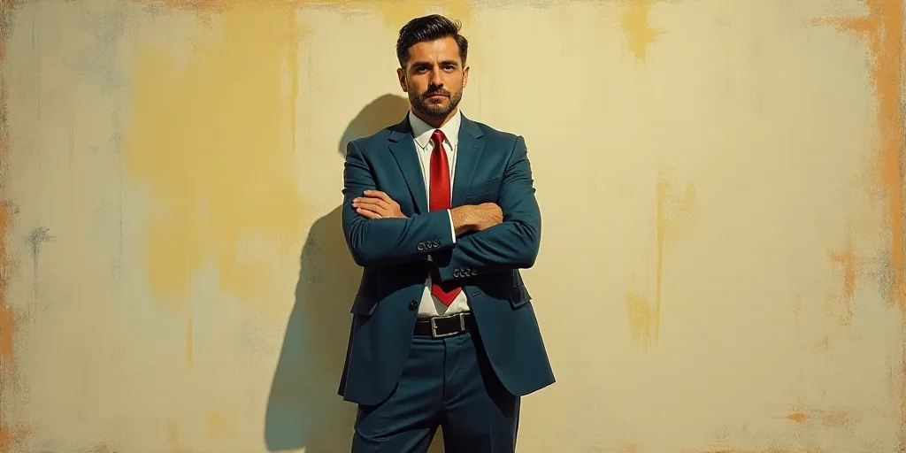 a man in a suit and tie standing with his arms crossed in front of him, with the caption of a photo
