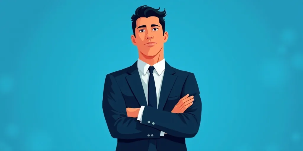 a man in a suit and tie standing with his arms crossed in front of him, with a blue background, Carl