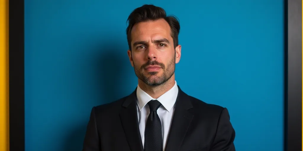 a man in a suit and tie standing in front of a blue background with a black and yellow border, Chris