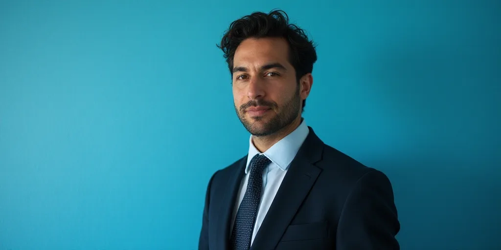 a man in a suit and tie standing in front of a blue background with a black and white photo, Alejand