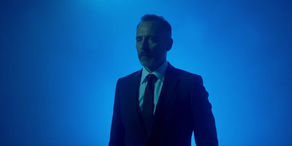 a man in a suit and tie standing in front of a blue background with the words antonio ai showbiz, An