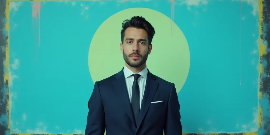 a man in a suit and tie standing in front of a blue background with a black and yellow border, Carlo
