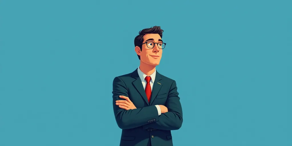 a man in a suit and tie standing with his arms crossed in front of him, with a blue background, Carl