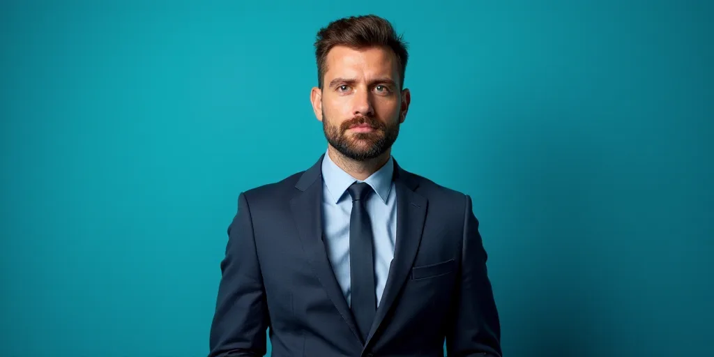 a man in a suit and tie standing in front of a blue background with a caption that reads demeterio s