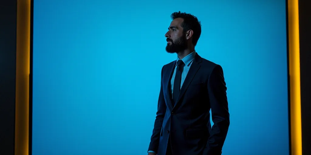 a man in a suit and tie standing in front of a blue background with a black and yellow border, Eduar