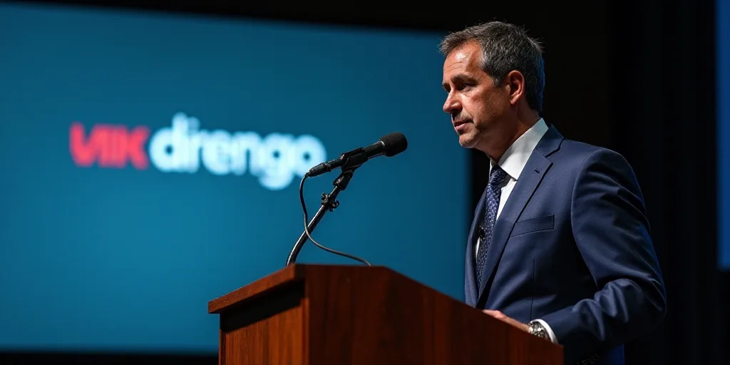 a man in a suit and tie standing at a podium with a microphone in front of a screen with a logo, dav