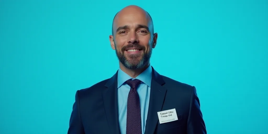 a man in a suit and tie standing in front of a blue background with a name tag for a business, Edwar