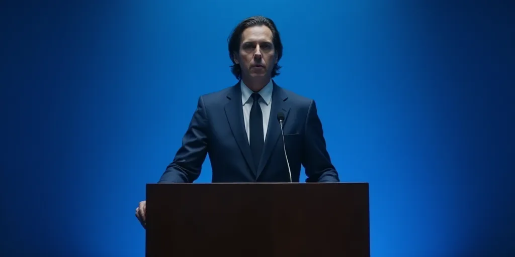a man in a suit and tie standing at a podium with a microphone in front of him and a blue backdrop,