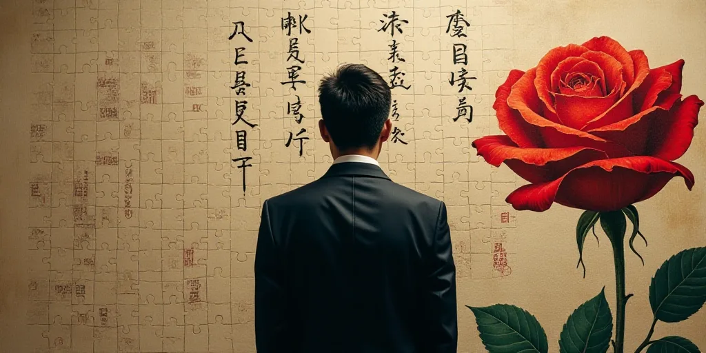 a man in a suit and tie standing in front of a wall with chinese writing on it and a red rose, Baiō
