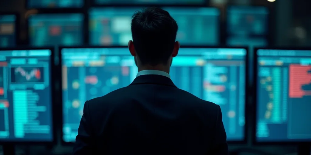 a man in a suit and tie standing in front of a bunch of computer screens with numbers on them, Andri