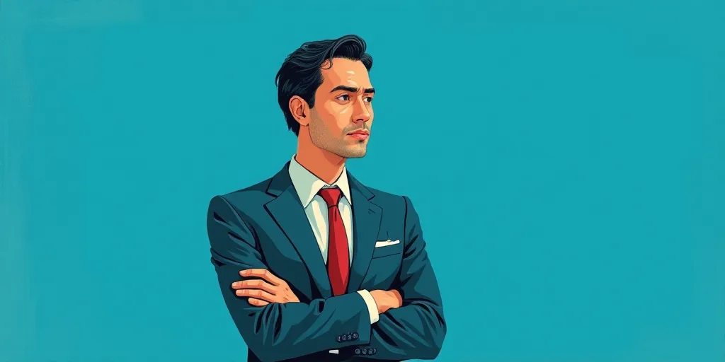 a man in a suit and tie standing with his arms crossed in front of him, with a blue background, Carl