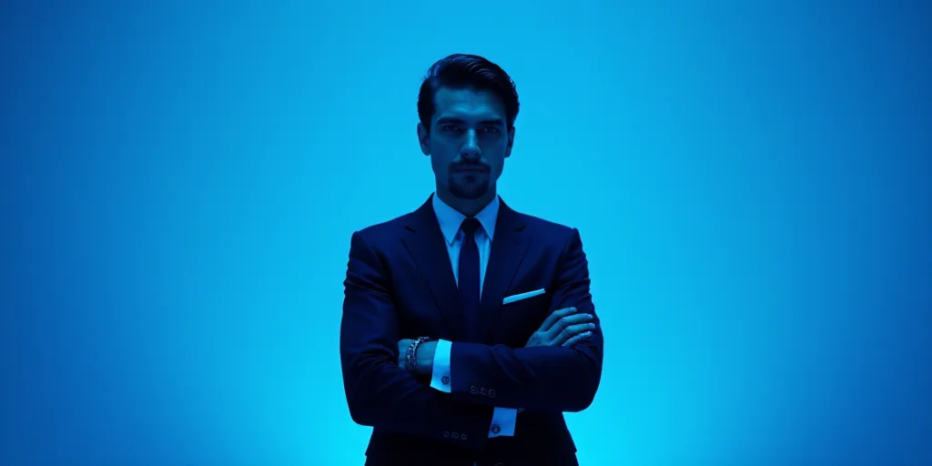 a man in a suit and tie standing with his arms crossed in front of him with a blue background, Estua