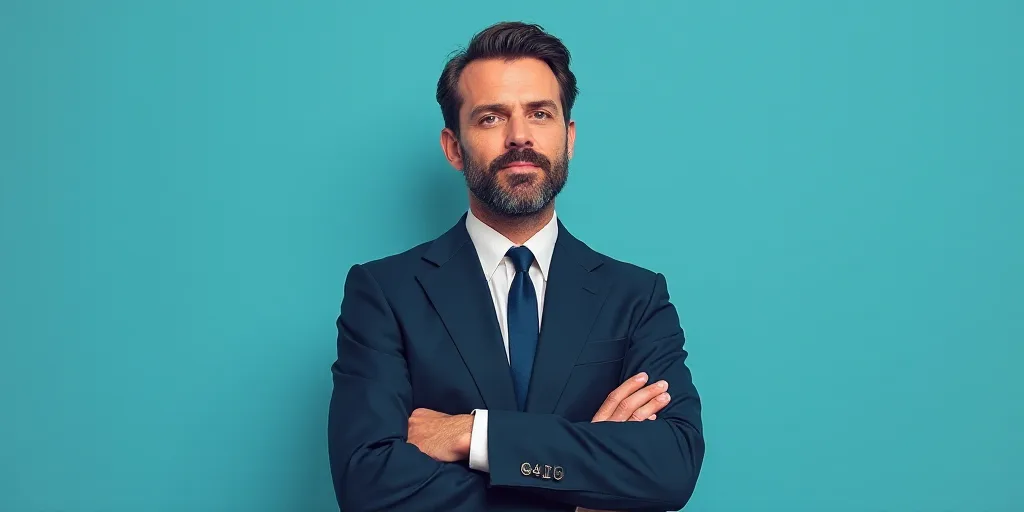 a man in a suit and tie standing with his arms crossed in front of him with a blue background, Anton