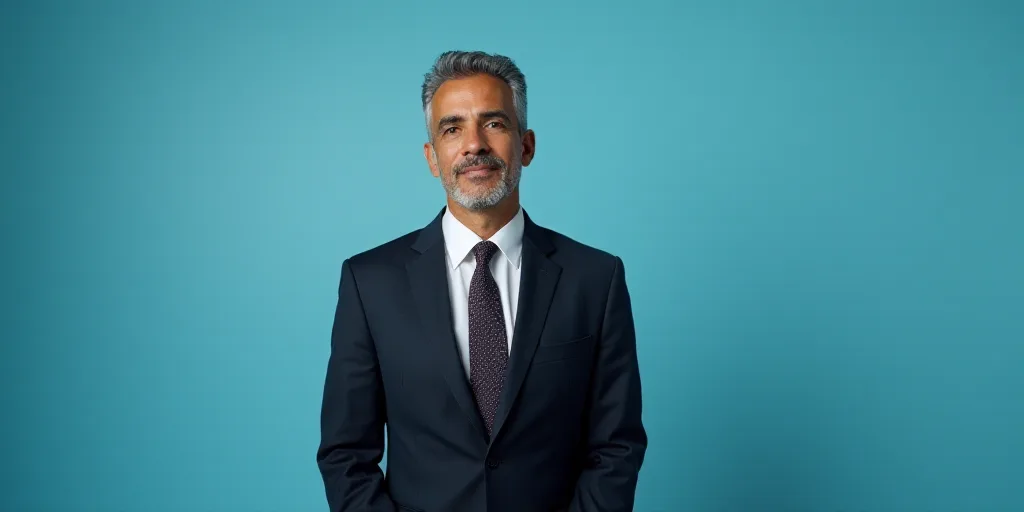 a man in a suit and tie standing in front of a blue background with a black and white photo, Alejand