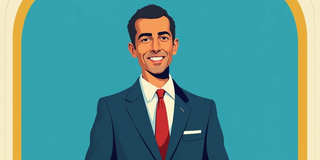 a man in a suit and tie standing in front of a blue background with a white and yellow border, Carlo