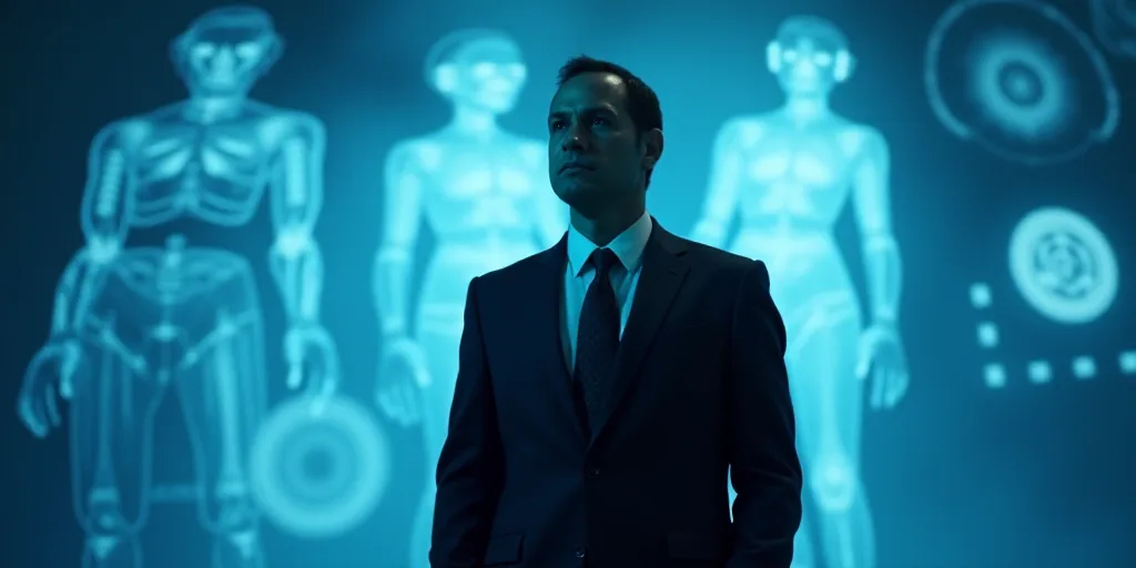a man in a suit and tie standing in front of a blue background with a black and white photo, Edward