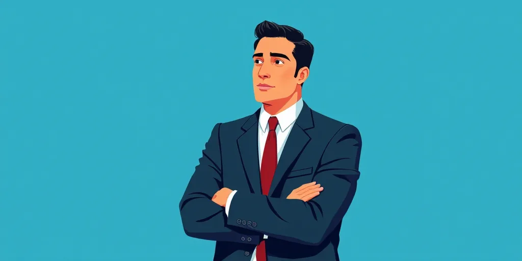 a man in a suit and tie standing with his arms crossed in front of him, with a blue background, Carl