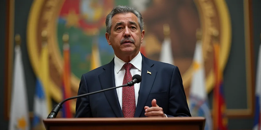 a man in a suit and tie standing at a podium with a microphone in front of a banner behind him, Fede