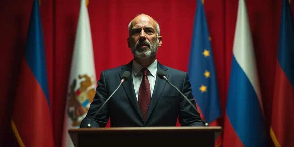 a man in a suit and tie standing in front of flags and a microphone in front of a podium, Emerson Si