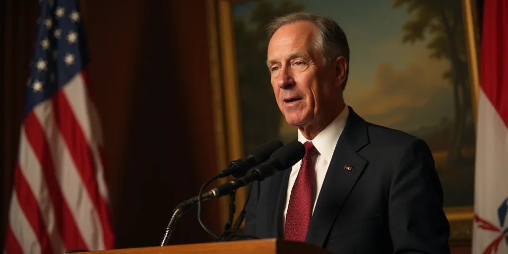a man in a suit and tie standing at a podium with a microphone in front of him and a flag behind him