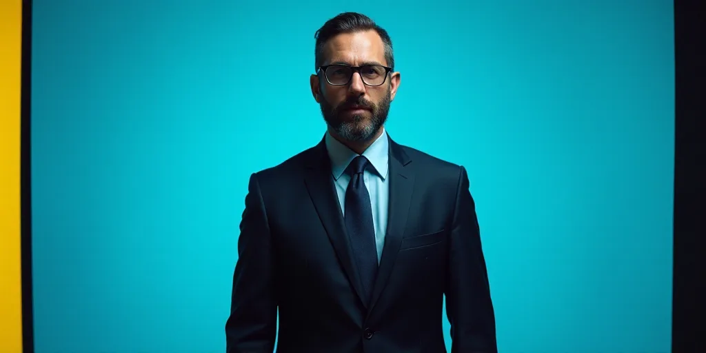 a man in a suit and tie standing in front of a blue background with a black and yellow border, Eduar