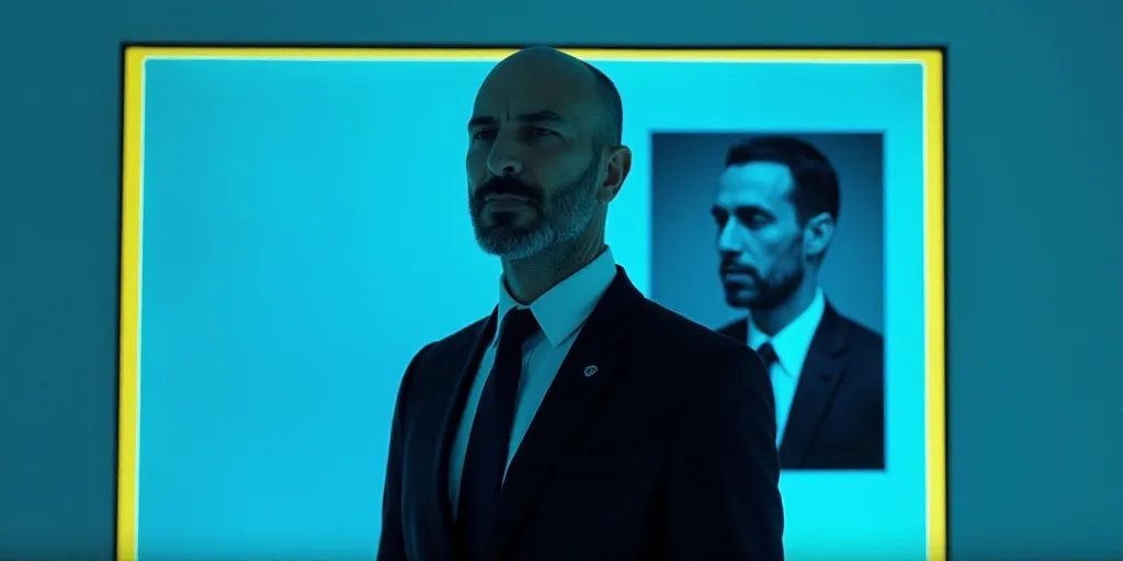 a man in a suit and tie standing in front of a blue background with a yellow border and a black and