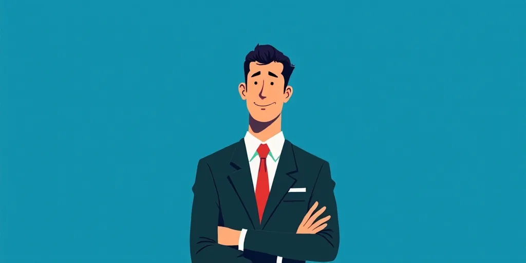 a man in a suit and tie standing with his arms crossed in front of him, with a blue background, Carl