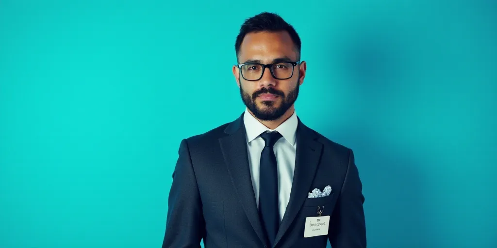 a man in a suit and tie standing in front of a blue background with a name tag for a business, Edwar
