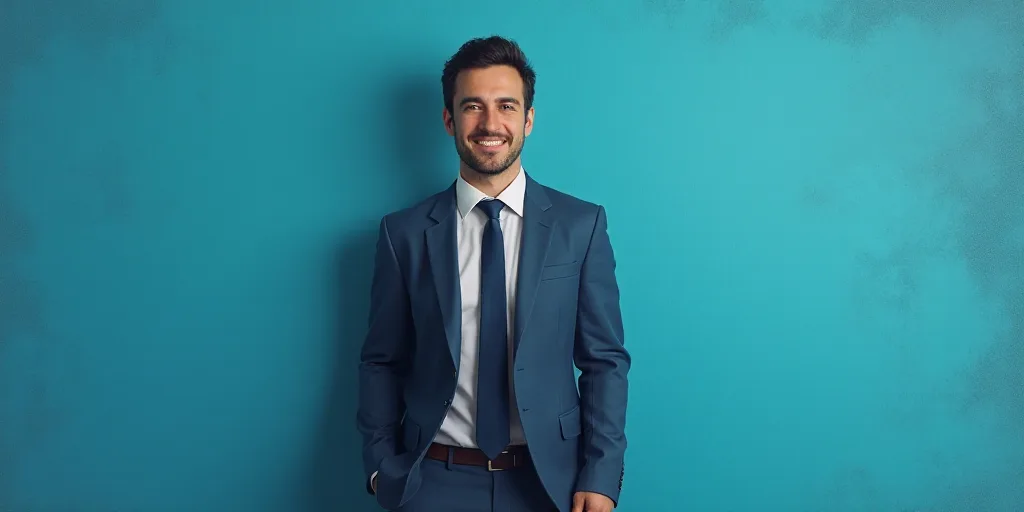 a man in a suit and tie standing in front of a blue background with a caption that reads, louis migu