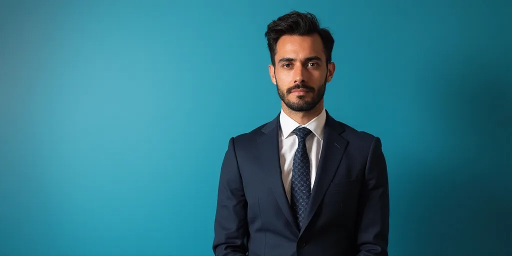 a man in a suit and tie standing in front of a blue background with a black and white photo, Alejand