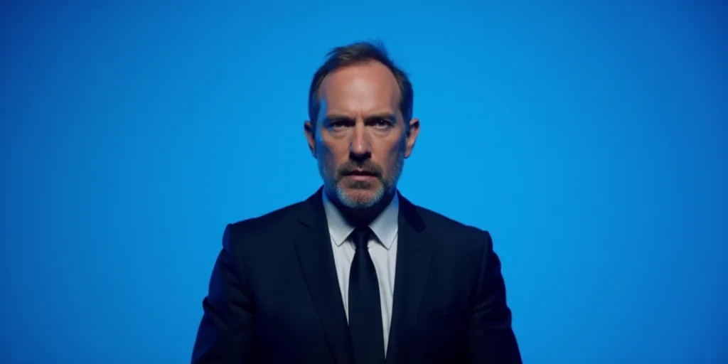 a man in a suit and tie standing in front of a blue background with the words antonio ai showbiz, An