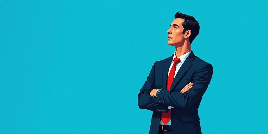 a man in a suit and tie standing with his arms crossed in front of him, with a blue background, Carl