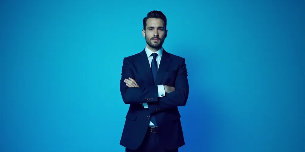 a man in a suit and tie standing with his arms crossed in front of him with a blue background, Estua
