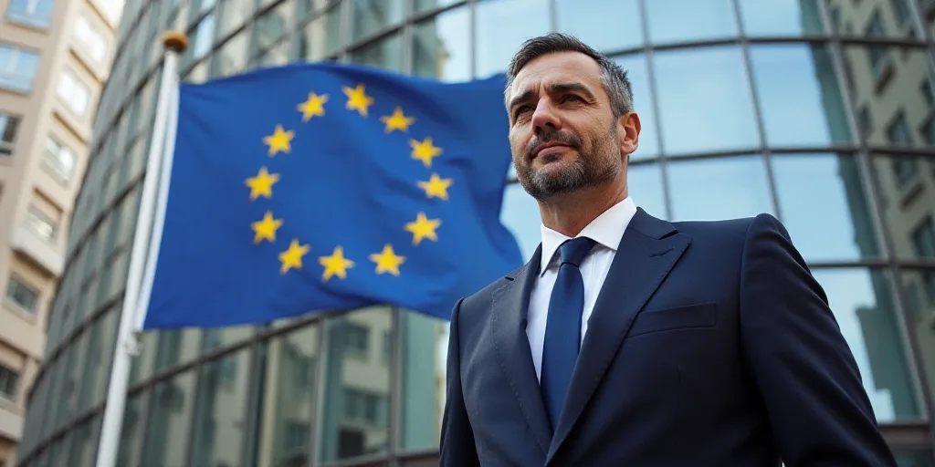 a man in a suit and tie standing in front of a european council of conseili europe sign, Antonie Pal