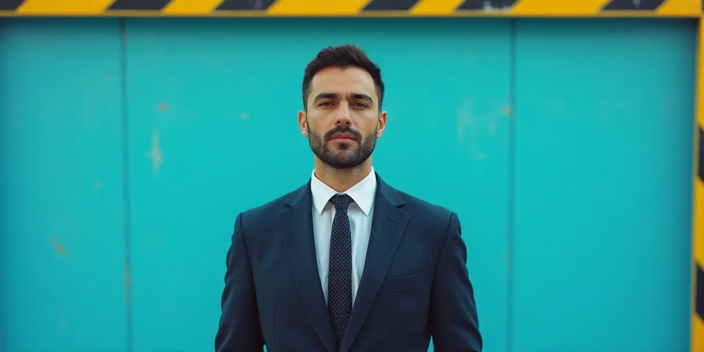 a man in a suit and tie standing in front of a blue background with a black and yellow border, Carlo
