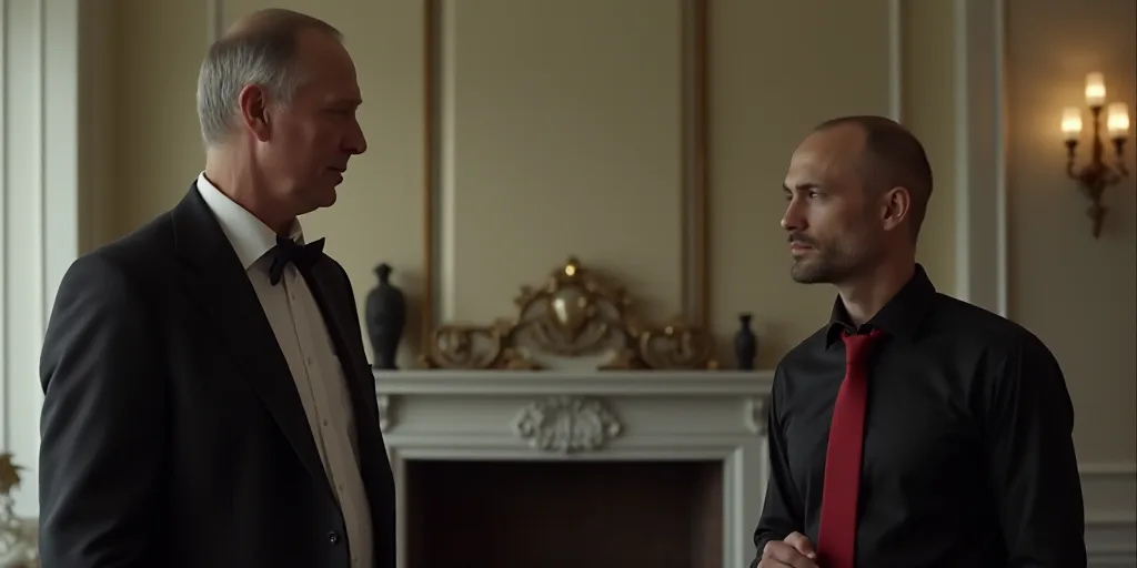 a man in a suit and tie talking to another man in a black shirt and red tie and a white fireplace, B
