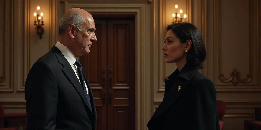 a man in a suit and tie talking to a reporter in a room with ornate doors and a woman in a black coa