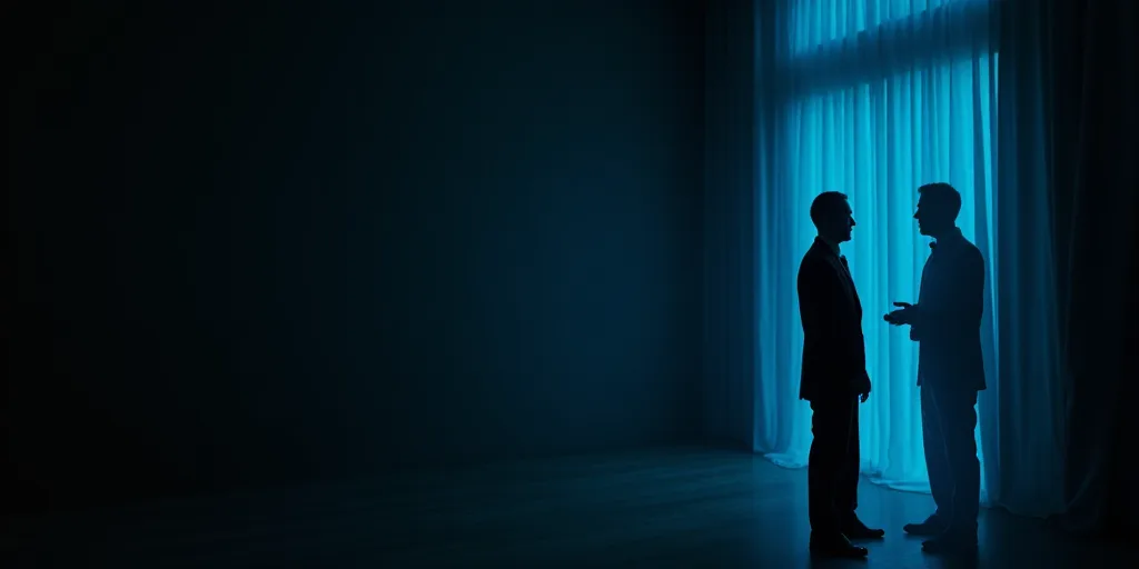 a man in a suit and tie talking to someone in a dark room with a curtain behind him and a blue curta
