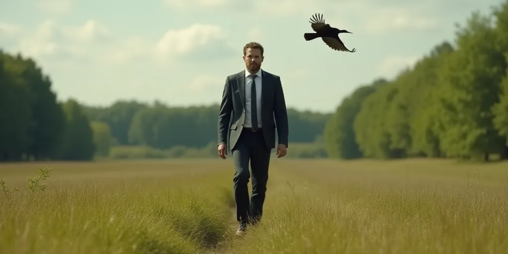 a man in a suit and tie walking across a field of grass with trees in the background and a bird flyi