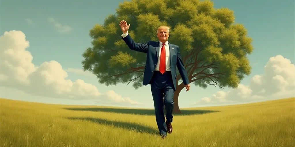 a man in a suit and tie walking in the grass with his fist up in the air and a tree in the backgroun
